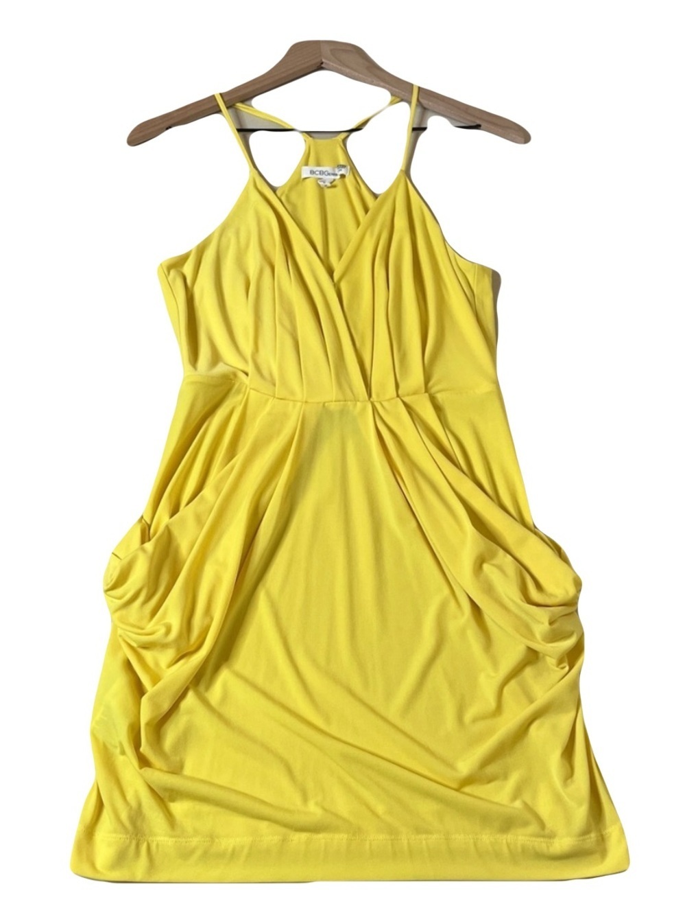 BCBGeneration Yellow Draped Halter Mini Dress Draped Vacation Resort Chic Y2K